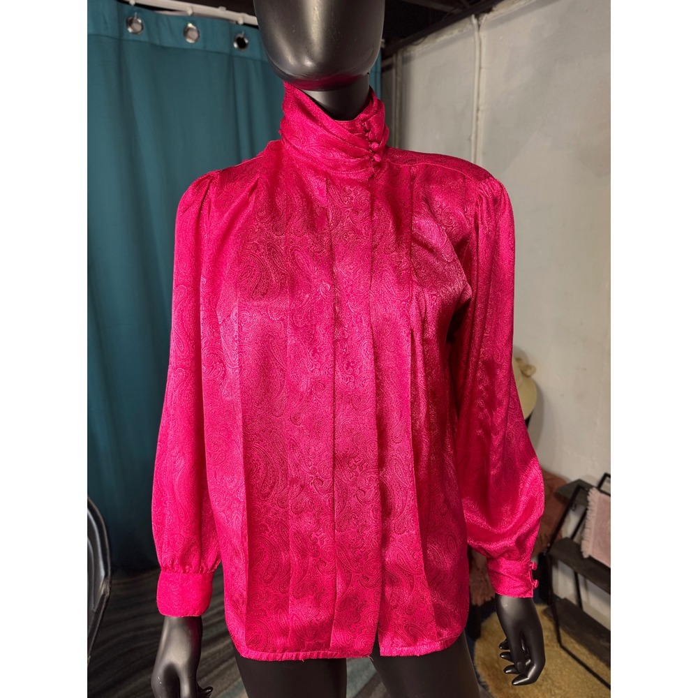 Worthington Pink Paisley Mock Neck Button Front Long‎ Sleeve Blouse Women Size 6